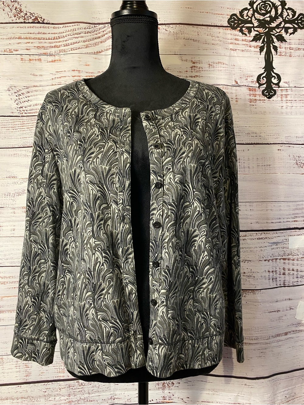 Rafaella Black and Gray Patterned Button-Up Jacket Sz-XL